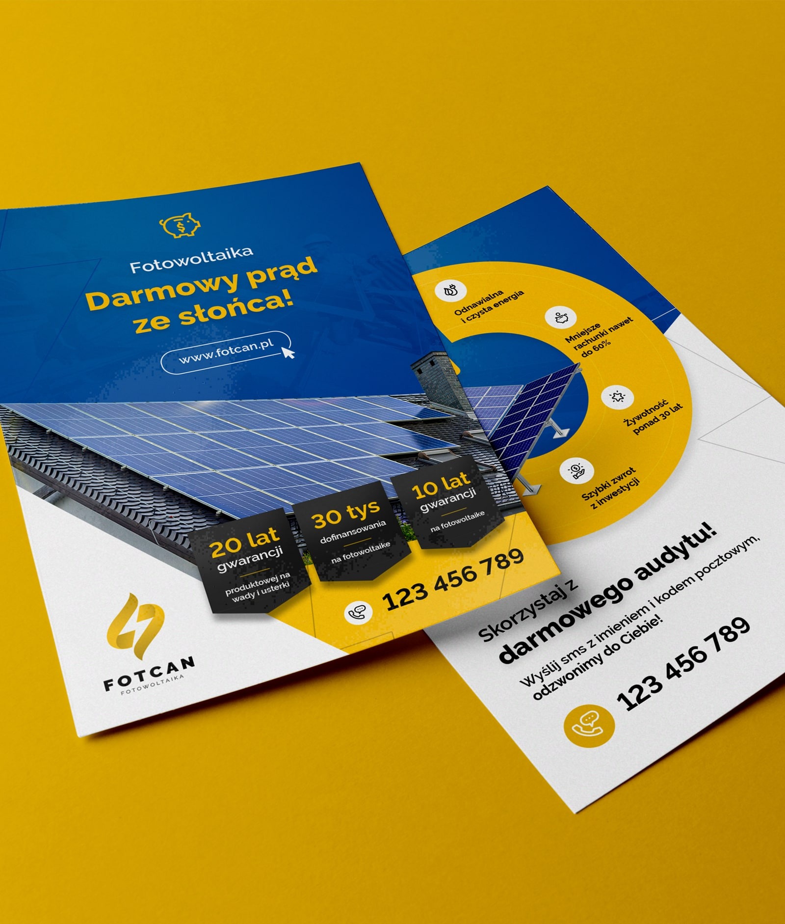 Ulotki i wizytówki firmy fotowoltaicznej FOTCAN z informacjami o darmowym prądzie ze słońca, gwarancji, dofinansowaniu i kontakcie.