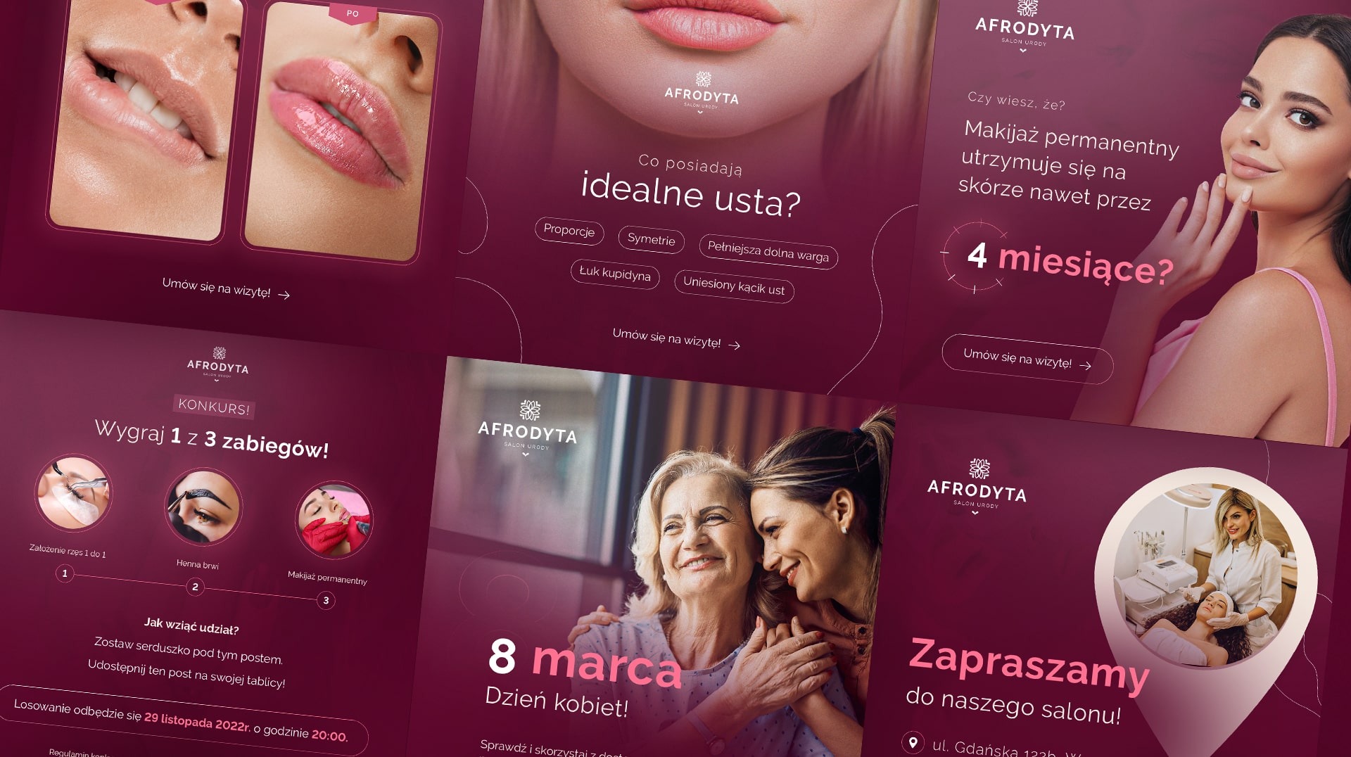 Grafika reklamowa salonu urody Afrodyta z informacjami o makijażu permanentnym ust, konkursie na zabiegi, ofercie na Dzień Kobiet i zaproszeniem do salonu.