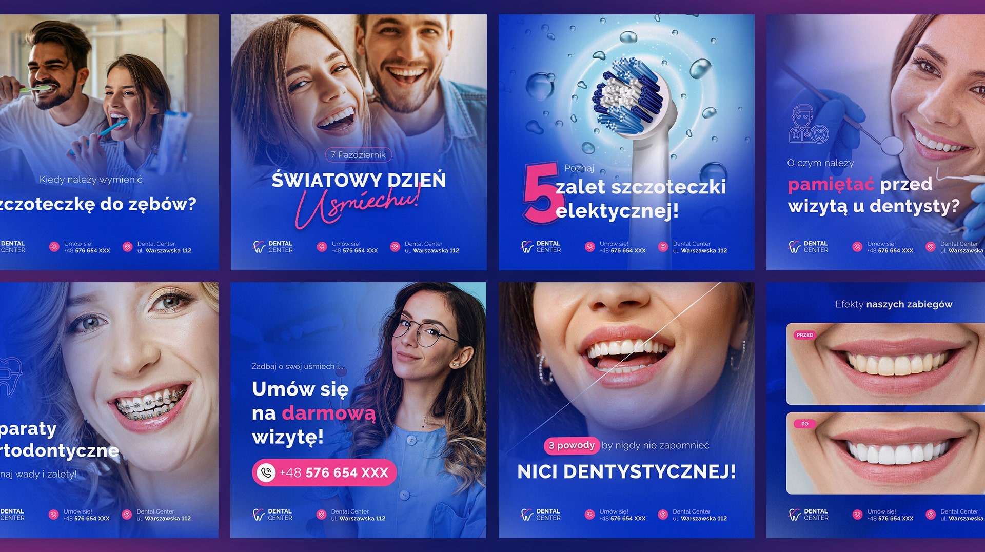 Kompozycja z ośmiu reklam dentystycznych na granatowym tle: para myjąca zęby, uśmiechnięta kobieta, elektryczna szczoteczka do zębów, wizyta u dentysty, aparat ortodontyczny, darmowa wizyta...