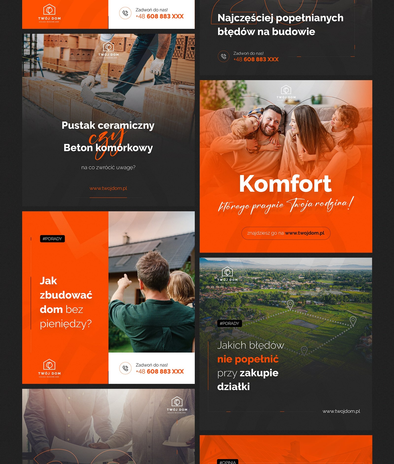 Mężczyzna w rękawicach muruje ścianę z pustaków ceramicznych, używając zaprawy murarskiej, widoczne logo firmy budowlanej i pytanie o wybór materiału budowlanego.