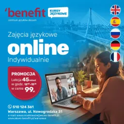 Kobieta uśmiecha się podczas indywidualnej lekcji językowej online, widocznej na ekranie laptopa, z flagami Wielkiej Brytanii, Hiszpanii, Rosji, Niemiec i Francji w tle, oferta promocyjna zajęć...