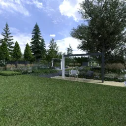 Wizualizacja ogrodu z równo przystrzyżonym trawnikiem, huśtawką ogrodową na metalowej konstrukcji, ścieżką z kamiennych płyt i różnorodną roślinnością ozdobną, w tym drzewa iglaste i krzewy kwitnące.