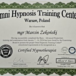 Posiadam certyfikat największej i jednej z najlepszych szkół hipnozy i hipnoterapii na świecie