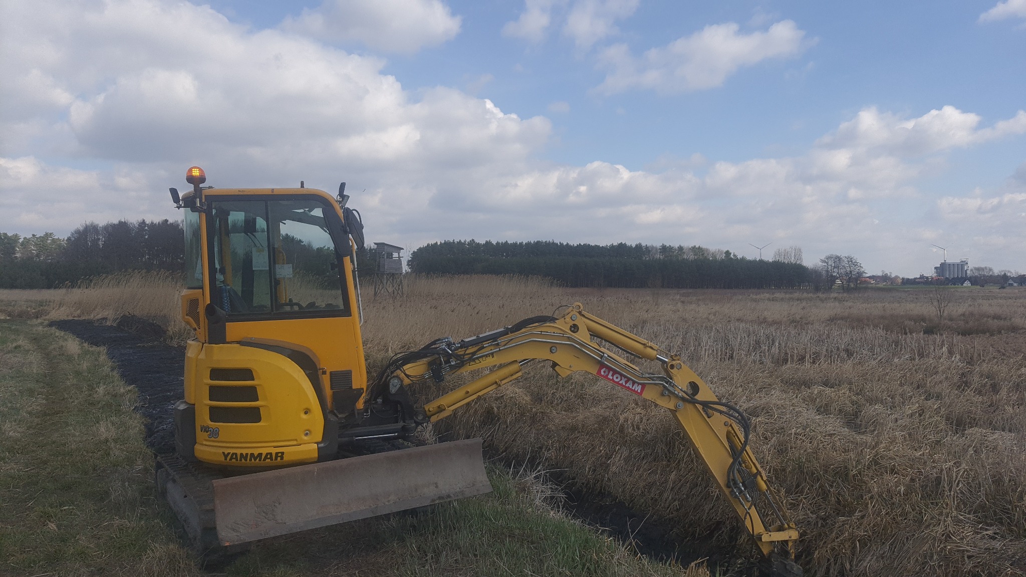 Żółta minikoparka Yanmar z włączonym światłem ostrzegawczym na polu z suchą trawą, w tle las i wieża obserwacyjna, błękitne niebo z chmurami.