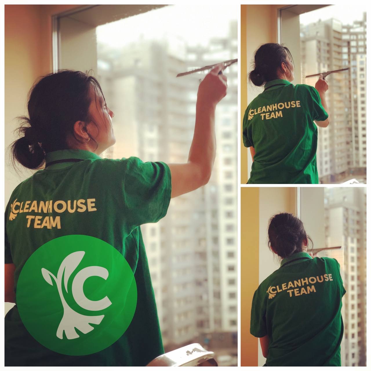 Kobieta w zielonej koszulce z napisem 'CLEANHOUSE TEAM' myje okno w wieżowcu za pomocą ściągaczki. Widok od tyłu, na tle panoramy miasta.