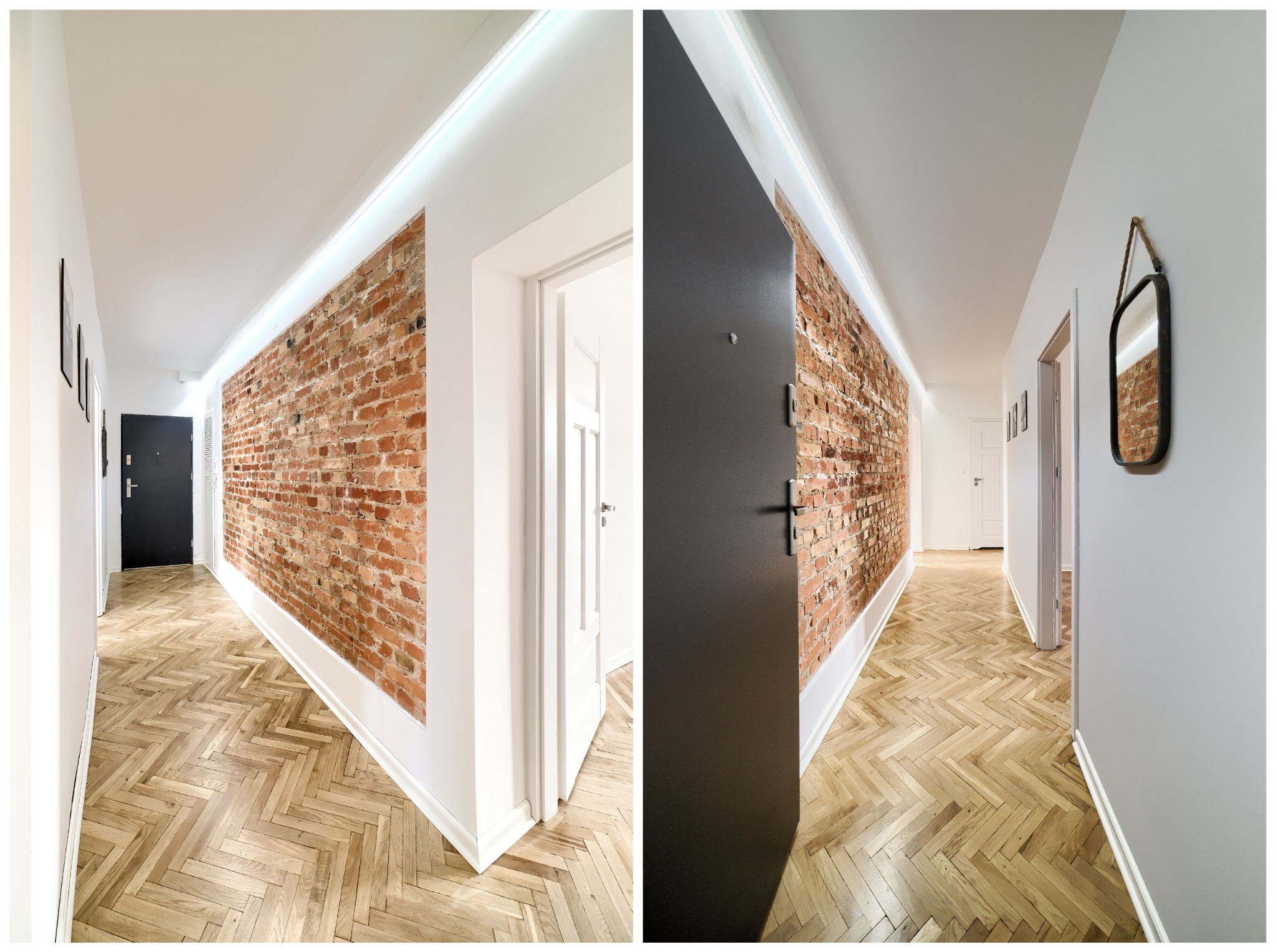 Korytarz z ceglaną ścianą, parkietem w jodełkę i podświetleniem LED pod sufitem, widok na czarne i białe drzwi.
