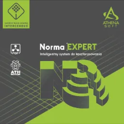 Grafika reklamowa programu Norma EXPERT do kosztorysowania, z logo Intercenbud i Athena Soft, na szarym tle z zielonymi akcentami.