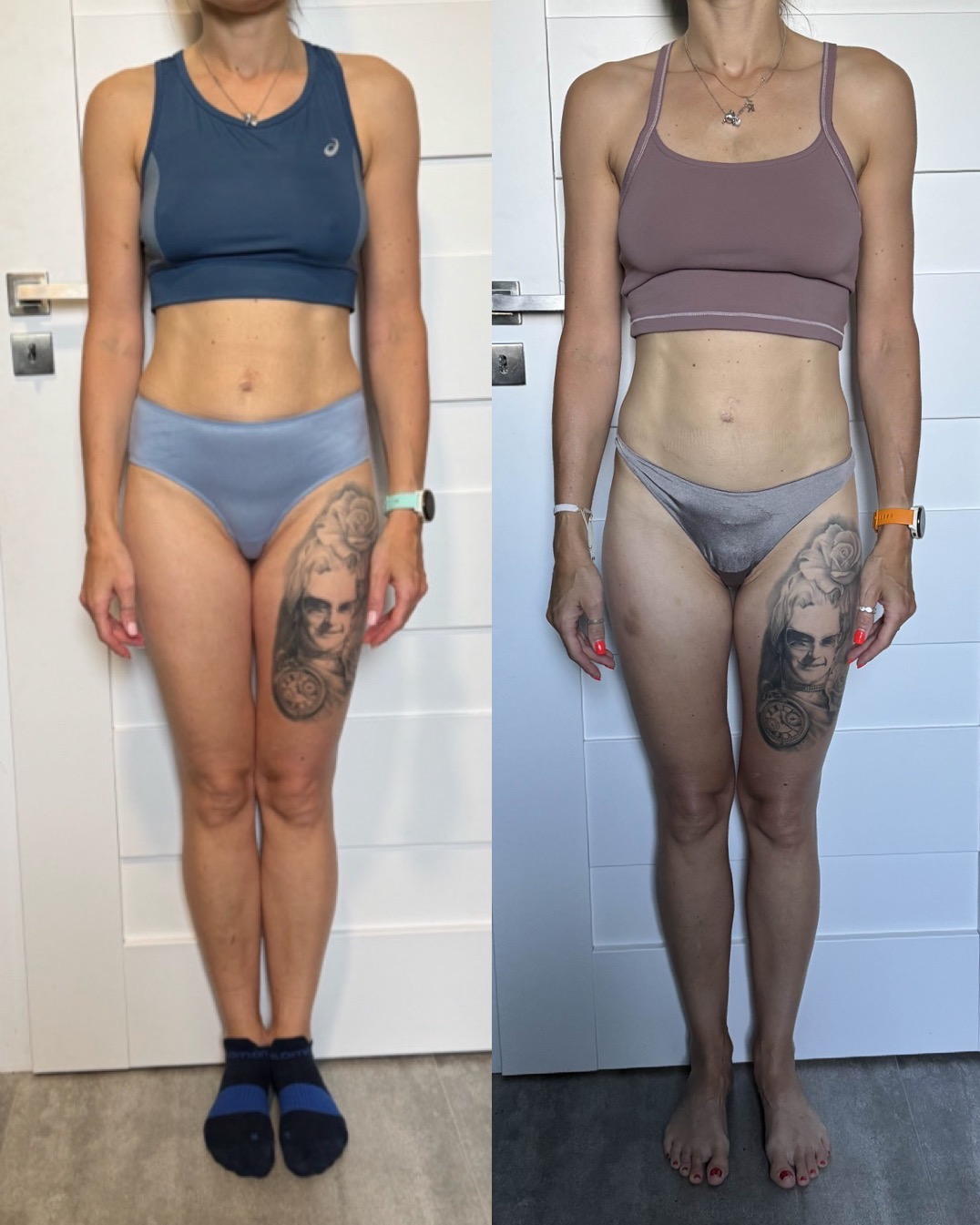 Kobieta w bieliźnie sportowej prezentująca porównanie sylwetki przed i po, z widocznym tatuażem portretowym na udzie i różnymi kolorami zegarków sportowych.