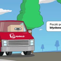 Animowana ilustracja: Czerwony van epaka.pl z paczką w środku, jadący drogą. Dym spod kół. Napis: Paczki podróżują błyskawicznie.