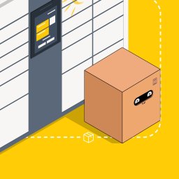 Jan Sęk Media - Ilustracja wektorowa: Paczkomat InPost z paczką z narysowanymi oczami, sugerująca dostawę. Żółte tło, logo epaka.pl w rogu. Grafika reklamowa.