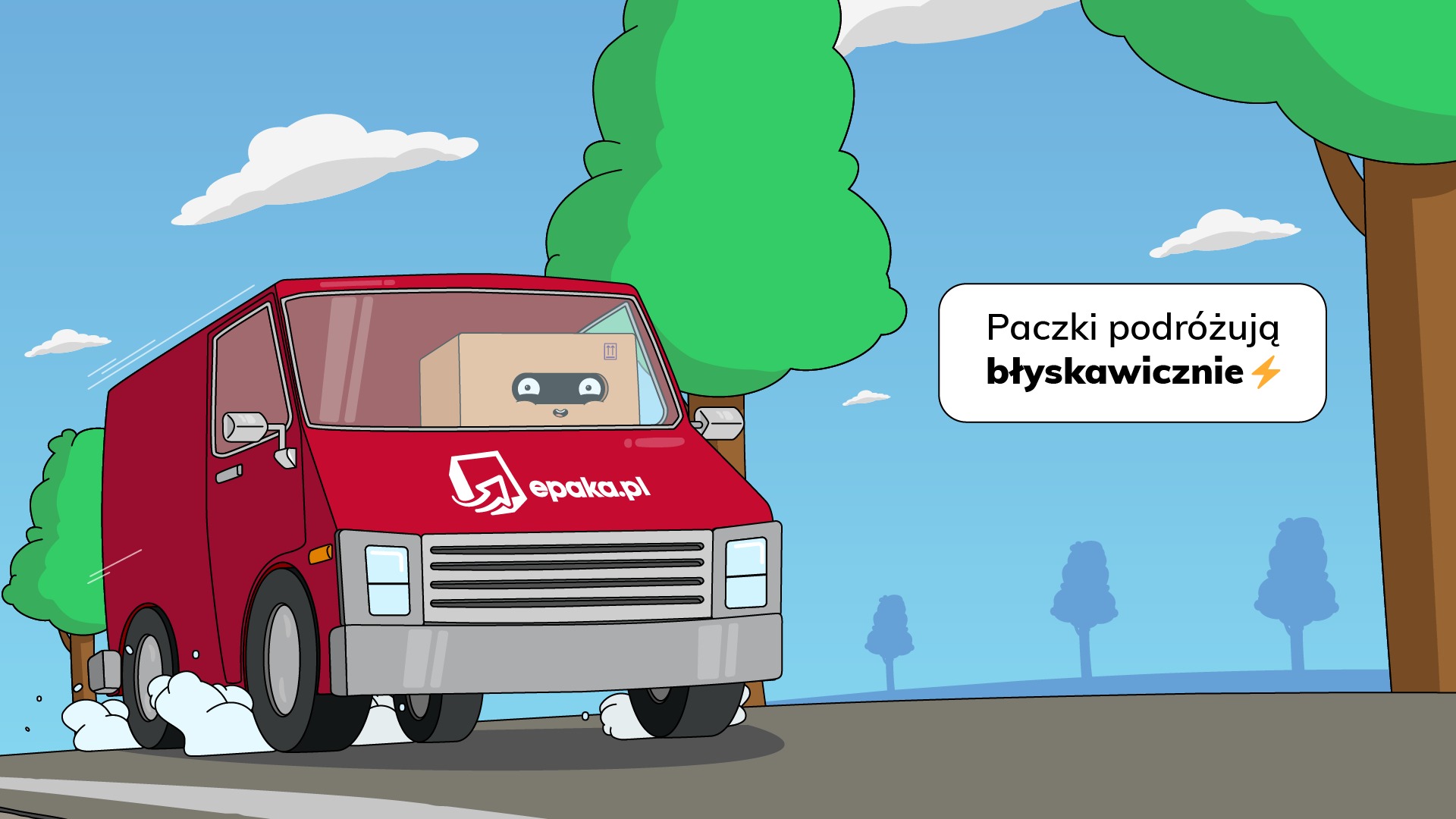 Animowana ilustracja: Czerwony van epaka.pl z paczką w środku, jadący drogą. Dym spod kół. Napis: Paczki podróżują błyskawicznie.