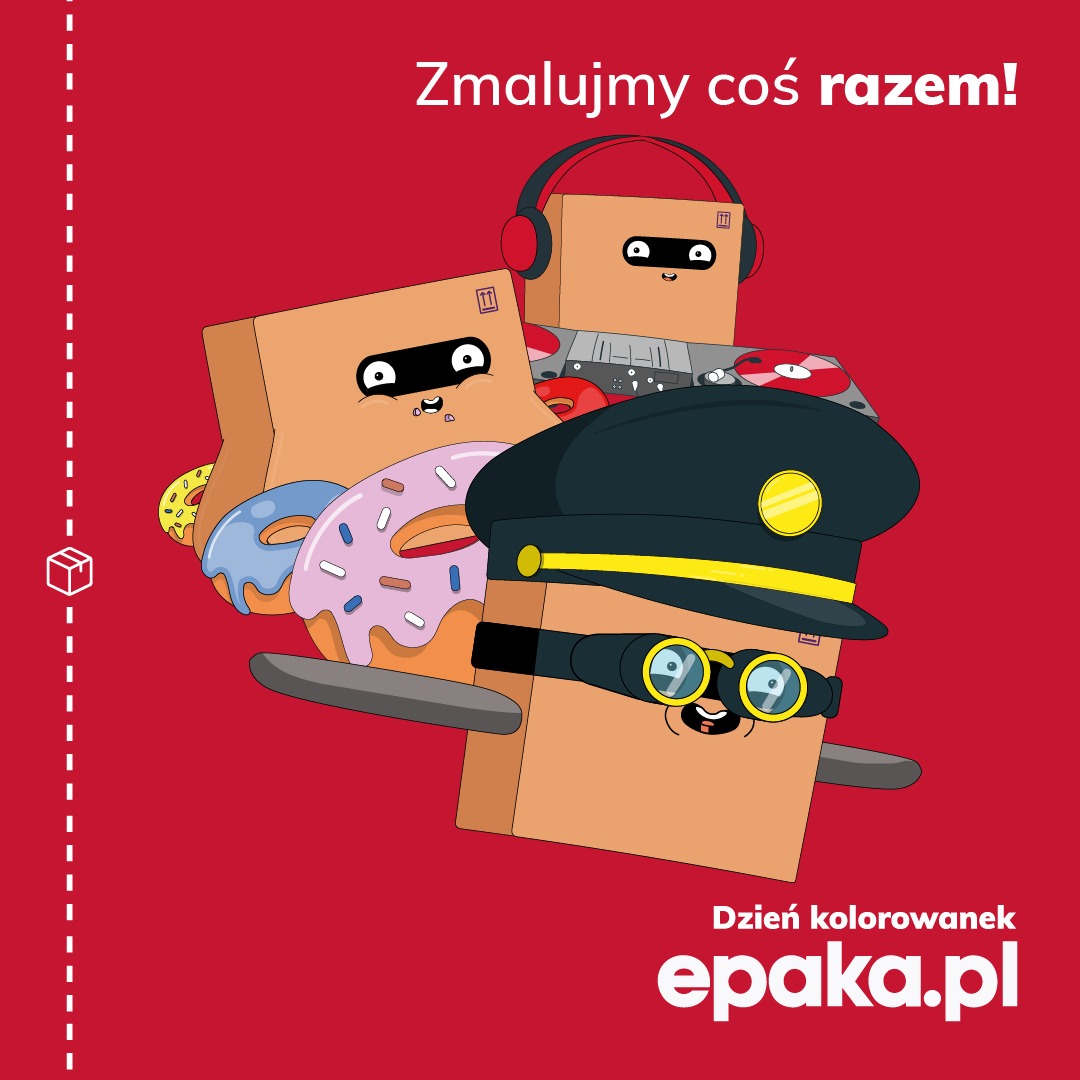 Ilustracja promująca 'Dzień Kolorowanek' z antropomorficznymi kartonami, pączkami i hasłem 'Zmalujmy coś razem!' na czerwonym tle. Widoczne logo epaka.pl.