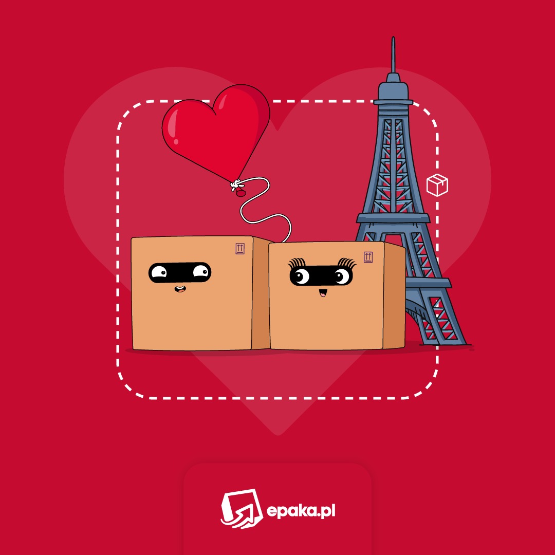 Ilustracja: Dwa antropomorficzne kartony z maskami, balon w kształcie serca, Wieża Eiffla na czerwonym tle z logo epaka.pl.