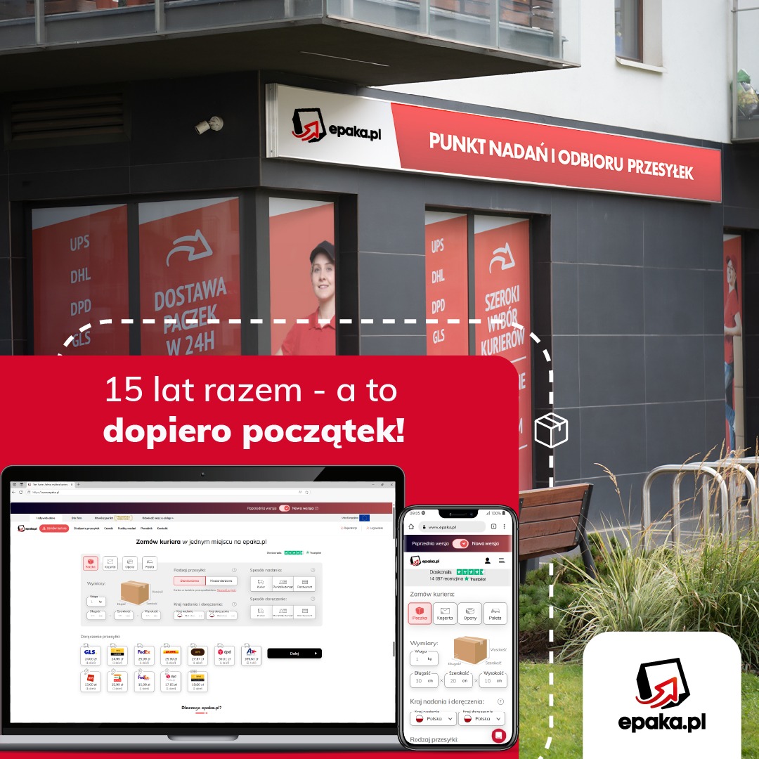 Punkt nadań i odbioru przesyłek Epaka.pl z hasłem '15 lat razem - a to dopiero początek!', widoczny laptop i smartfon z aplikacją Epaka.pl.