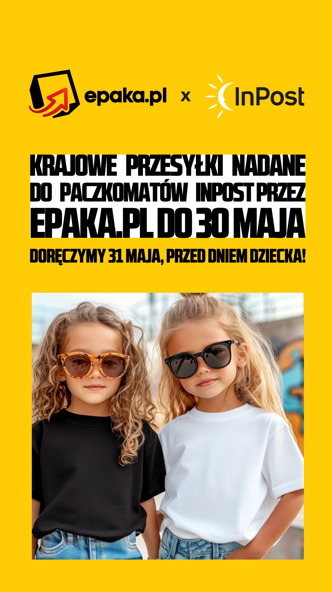 Dwie dziewczynki w okularach przeciwsłonecznych prezentują koszulki na tle reklamy Epaka.pl i InPost z informacją o przesyłkach do 30 maja.