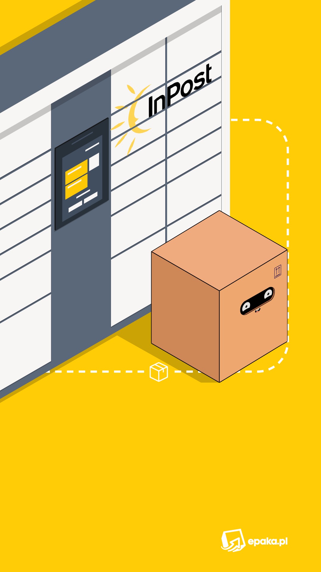 Ilustracja wektorowa: Paczkomat InPost z paczką z narysowanymi oczami, sugerująca dostawę. Żółte tło, logo epaka.pl w rogu. Grafika reklamowa.