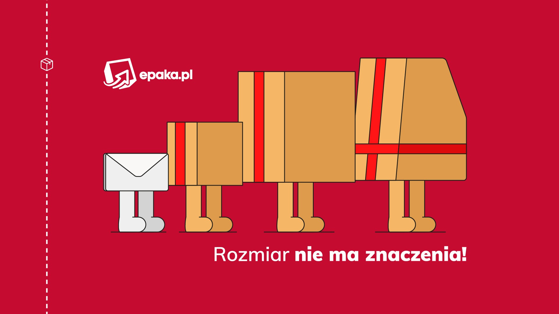 Ilustracja z logo epaka.pl w Łukowie: koperta i paczki o różnych rozmiarach na nóżkach, z hasłem 'Rozmiar nie ma znaczenia!'.