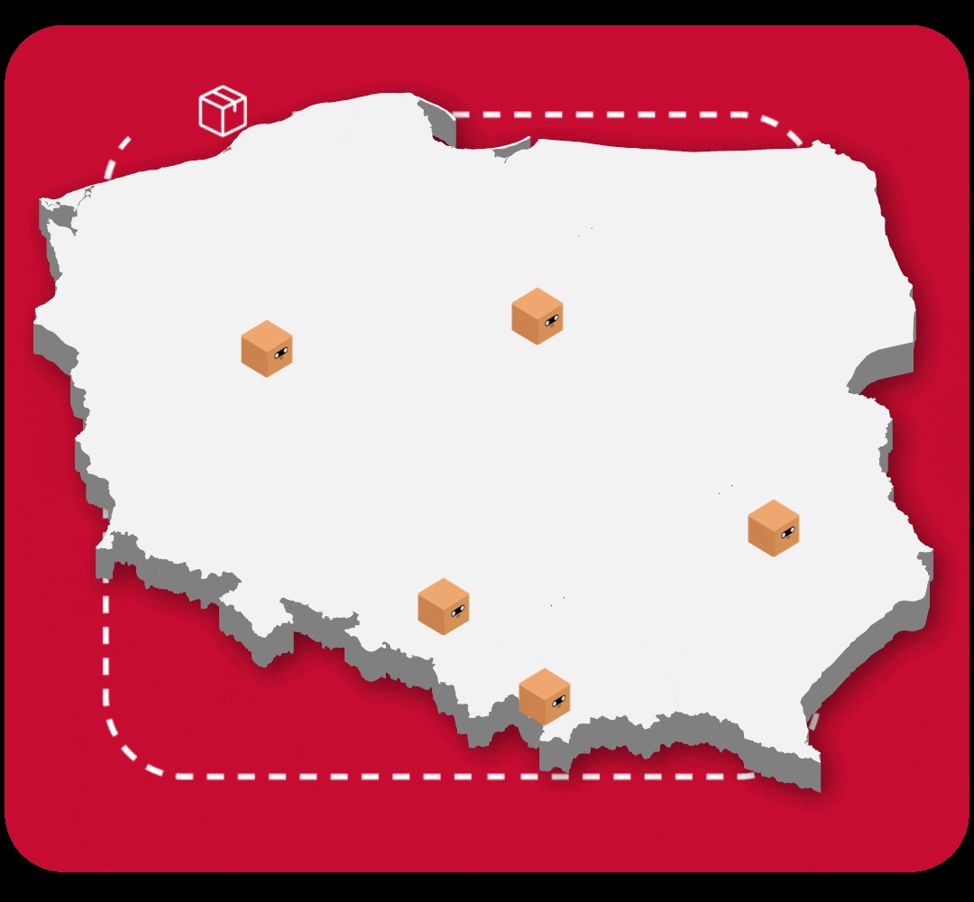 Graficzna mapa Polski z zaznaczonymi lokalizacjami dostaw, przedstawiona w formie izometrycznej z użyciem symboli paczek na czerwonym tle.