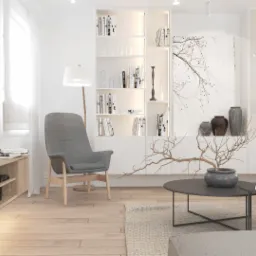 Projekt salonu w dużym domu nad jeziorem.