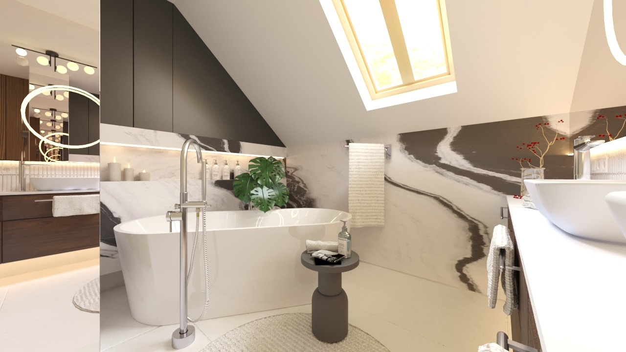 Nowoczesna łazienka na poddaszu z wolnostojącą białą wanną, baterią podłogową, marmurową ścianą z abstrakcyjnym wzorem i oknem dachowym wpuszczającym jasne światło.