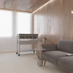 Wizualizacja jasnego pokoju w Łodzi z szarą sofą, stolikiem z wodą, mobilnym przewijakiem i drewnianymi panelami ściennymi podświetlonymi ledami.