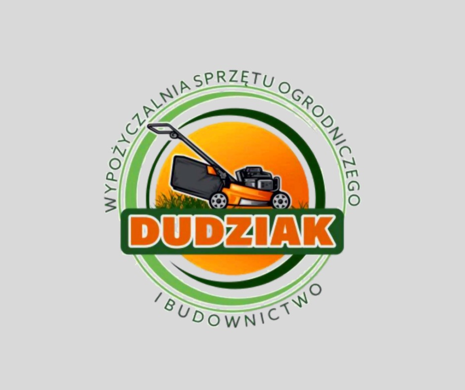 Logo firmy 'Dudziak' z kosiarką do trawy w okręgu z napisem 'Wypożyczalnia sprzętu ogrodniczego i budownictwo'.