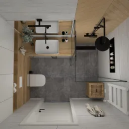 Widok z góry na nowoczesną łazienkę z dwoma umywalkami na drewnianym blacie, kabiną prysznicową typu walk-in, toaletą, grzejnikiem drabinkowym i drewnianą szafką, uzupełnioną o dekoracyjne kapcie.