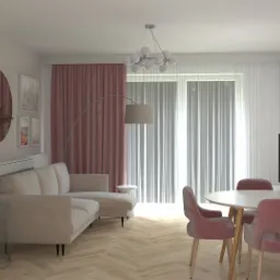 Wizualizacja salonu z beżową sofą narożną, okrągłym stołem jadalnym z różowymi krzesłami oraz ścianą z motywem kwiatowym, na której stoi telewizor z włączonym Netflixem.