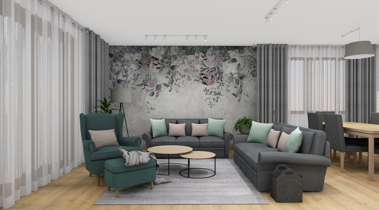Salon w szarościach z akcentami turkusu: sofa, fotel uszak z podnóżkiem, okrągłe stoliki kawowe, dywan w geometryczny wzór, ściana z motywem kwiatowym, zasłony w dwóch odcieniach szarości...