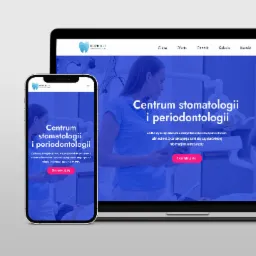 Responsywna strona internetowa kliniki dentystycznej DENTIMAX wyświetlana na laptopie i smartfonie, prezentująca ofertę stomatologiczną i periodontologiczną.
