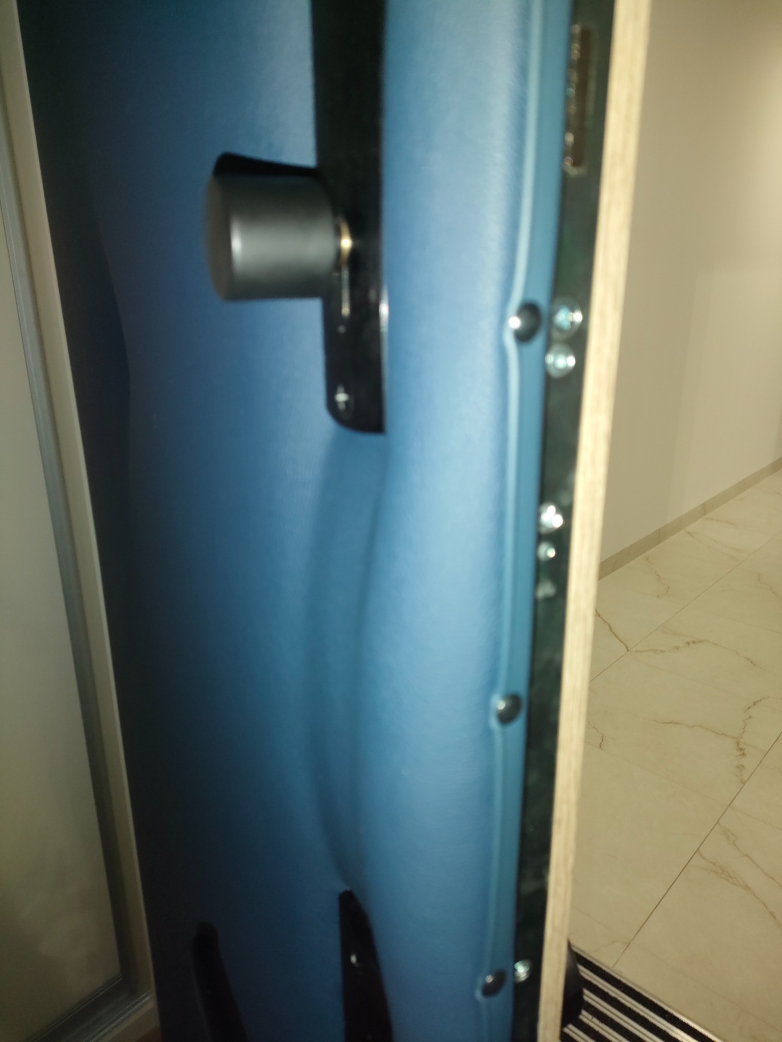 Tapicerowane drzwi wejściowe w kolorze niebieskim z czarną klamką i widocznymi śrubami mocującymi, widok z bliska na wykończenie i detale.