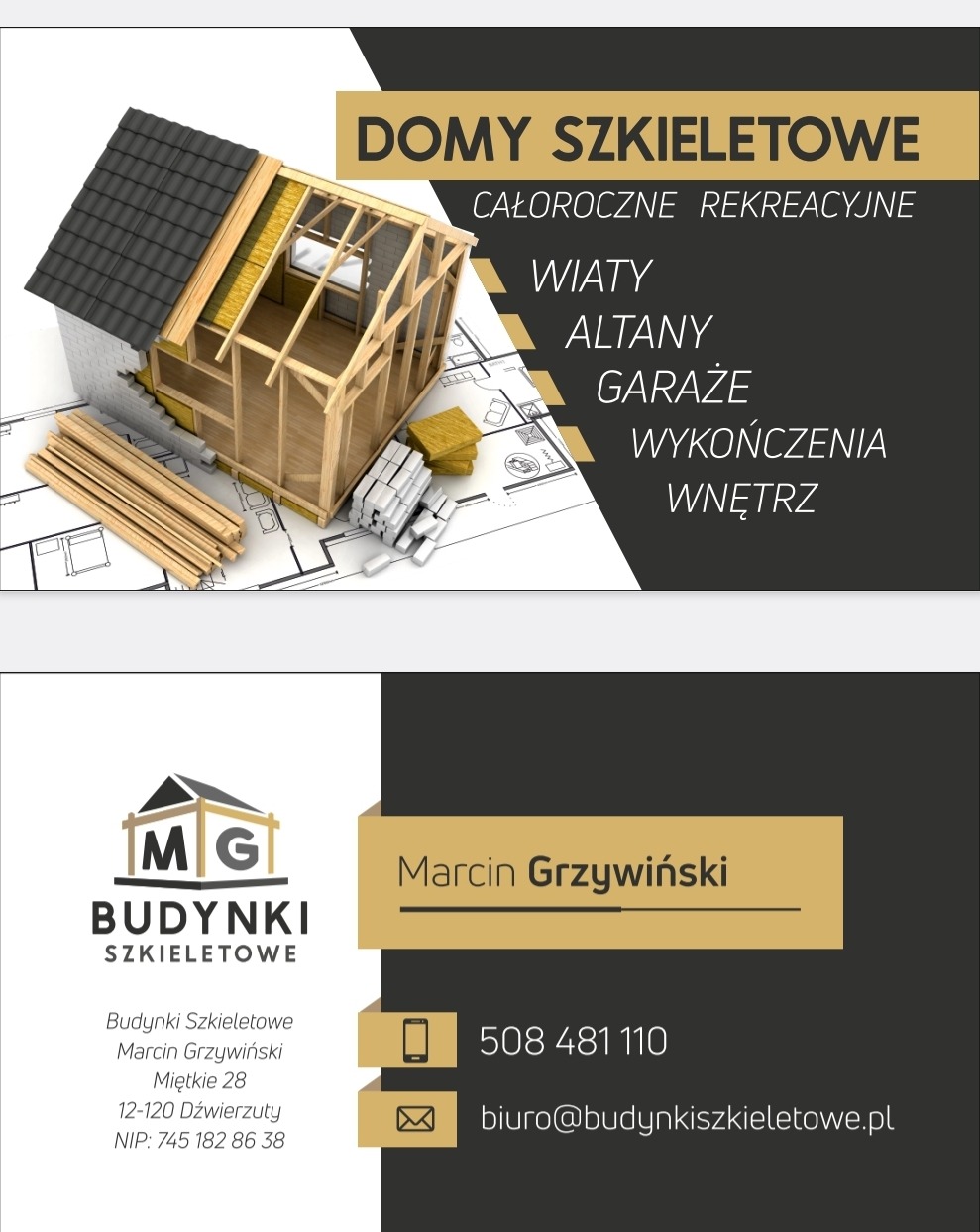 Wizualizacja domu w konstrukcji szkieletowej z widocznym ociepleniem, umieszczona na planach architektonicznych, obok logo firmy Budynki Szkieletowe i danymi kontaktowymi.