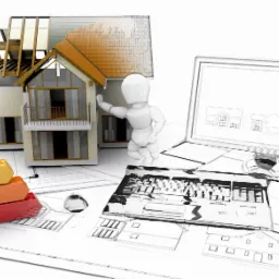 Model domu w trakcie budowy z widocznym przekrojem dachu, obok skala efektywności energetycznej, monitor z projektami i schematy budowlane na stole.