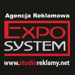 Logo agencji reklamowej Expo System z czerwoną ramką, białą nazwą i adresem strony internetowej na czarnym tle.