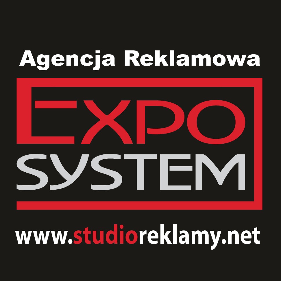 Logo agencji reklamowej Expo System z czerwoną ramką, białą nazwą i adresem strony internetowej na czarnym tle.