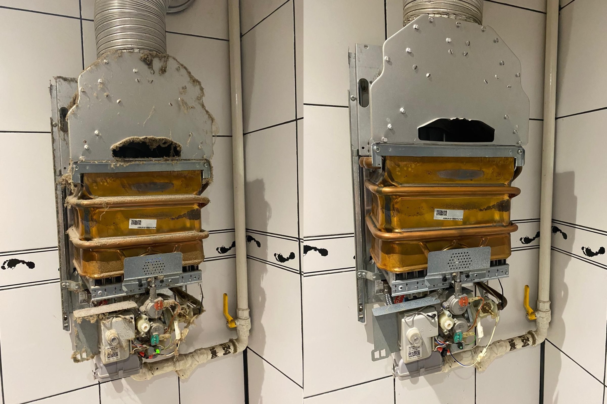 Porównanie pieca gazowego przed i po czyszczeniu: po lewej zakurzony i brudny, po prawej wyczyszczony, z widocznymi miedzianymi rurami i elementami instalacji na tle białych płytek z czarnymi...