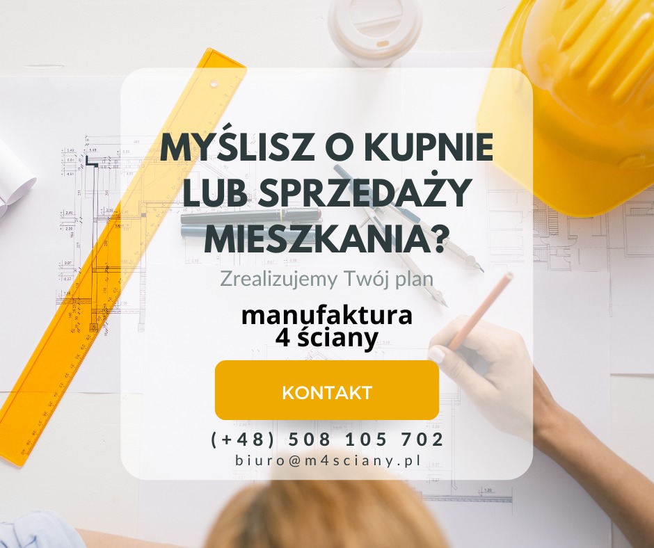Plan mieszkania z linijką, ołówkiem i cyrklem, żółty kask budowlany w rogu, filiżanka kawy w tle, napis 'Myślisz o kupnie lub sprzedaży mieszkania?'