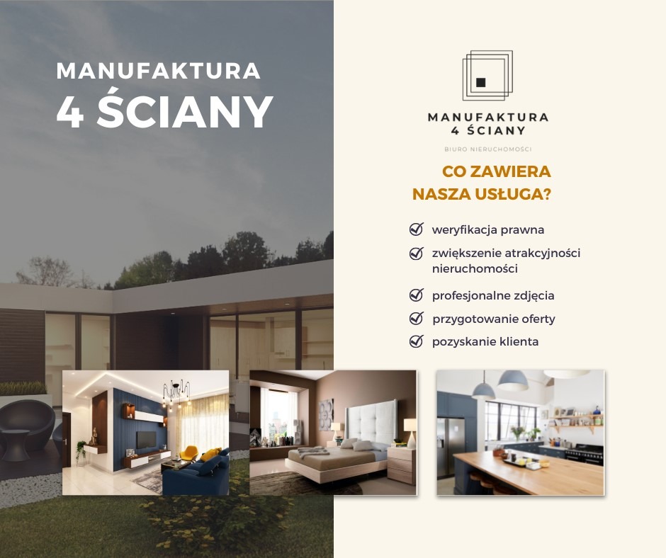 Logo biura nieruchomości Manufaktura 4 Ściany prezentujące zakres usług: weryfikacja prawna, zwiększenie atrakcyjności nieruchomości, profesjonalne zdjęcia, przygotowanie oferty, pozyskanie klienta...