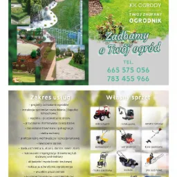 Kompozycja graficzna prezentująca usługi ogrodnicze: kolaż zdjęć przykładowych realizacji, logo firmy KK Ogrody, zakres usług i wykaz sprzętu ogrodniczego.
