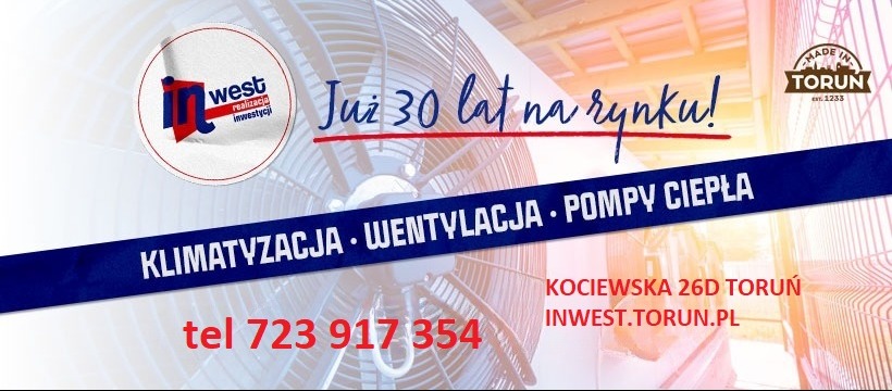 Grafika reklamowa firmy z Torunia oferującej klimatyzację, wentylację i pompy ciepła, z widocznym wentylatorem w tle oraz logo firmy 'West Realizacja Inwestycji' i hasłem 'Już 30 lat na rynku!'