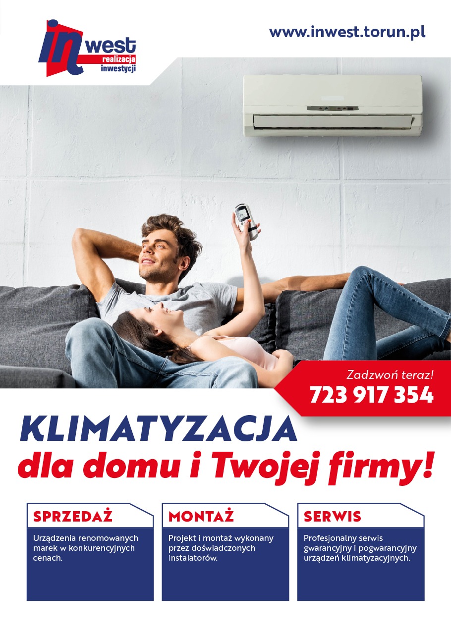 Para relaksuje się pod klimatyzatorem, mężczyzna trzyma pilot, reklama firmy West Realizacja Inwestycji