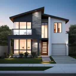 Dwukondygnacyjny dom w stylu modernistycznym z płaskim dachem, elewacją łączącą biały tynk i szare panele imitujące kamień, z balkonem z szklaną balustradą, oświetlonym wejściem i podjazdem...