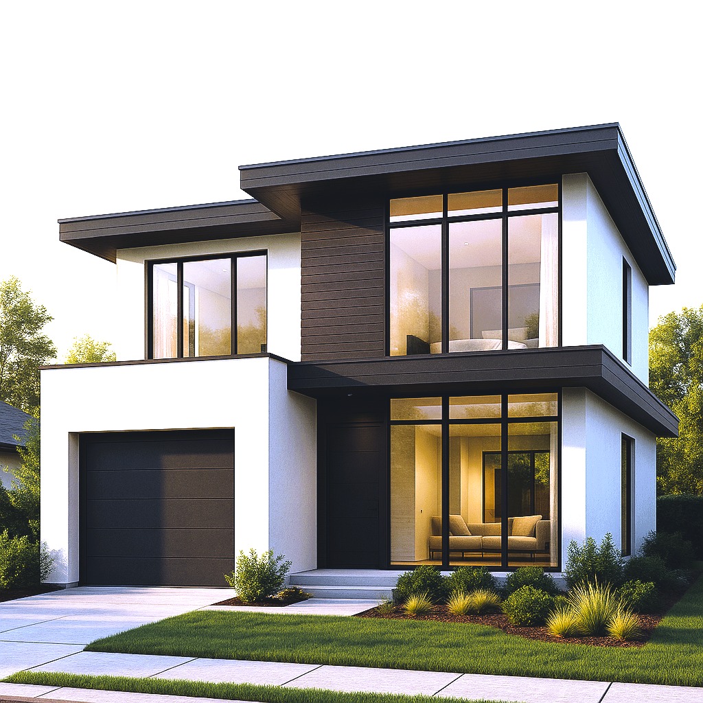Dwukondygnacyjny dom w stylu modernistycznym z płaskim dachem, dużymi oknami i garażem, wykończony białym tynkiem i panelami drewnopodobnymi.