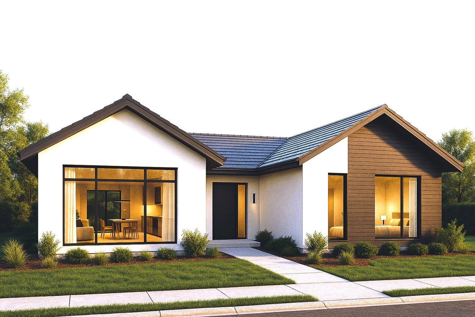 Nowoczesny dom jednorodzinny z białymi ścianami i ciemnobrązowym wykończeniem, widok z zewnątrz, z dużymi oknami, przez które widać wnętrze salonu i sypialni, oraz ciemną elewacją dachu.