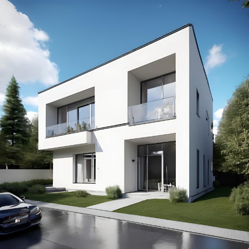 Nowoczesny, dwukondygnacyjny dom o białej elewacji z dużymi oknami i szklaną balustradą balkonu, otoczony zielenią i z czarnym samochodem zaparkowanym przed budynkiem.