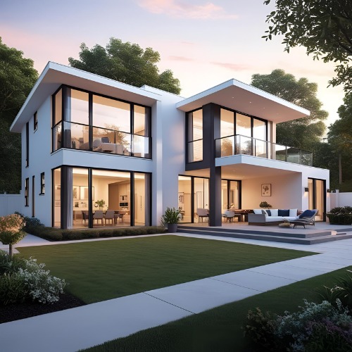 Nowoczesny dwupiętrowy dom z płaskim dachem, dużymi oknami i tarasem, otoczony zielenią, oświetlony ciepłym światłem zachodzącego słońca.