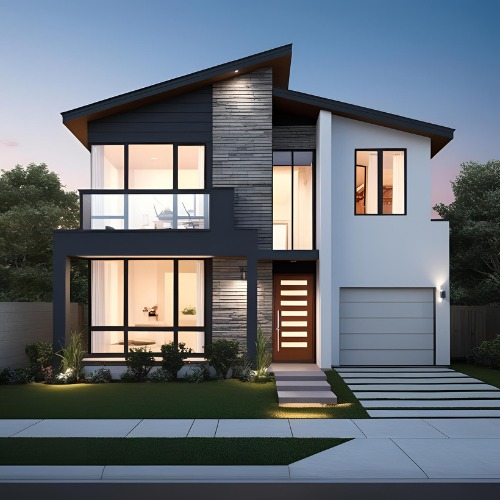 Dwukondygnacyjny dom w stylu modernistycznym z płaskim dachem, elewacją łączącą biały tynk i szare panele imitujące kamień, z balkonem z szklaną balustradą, oświetlonym wejściem i podjazdem...