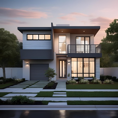 Dwukondygnacyjny dom w nowoczesnym stylu z płaskim dachem, szarą elewacją i dużymi oknami, otoczony zielenią, sfotografowany o zmierzchu.