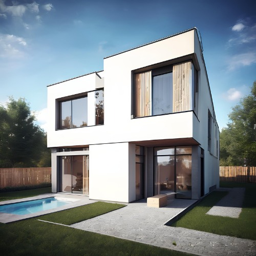 Nowoczesny, dwukondygnacyjny dom z płaskim dachem, białymi ścianami i dużymi oknami, obok basen i zadbany trawnik.