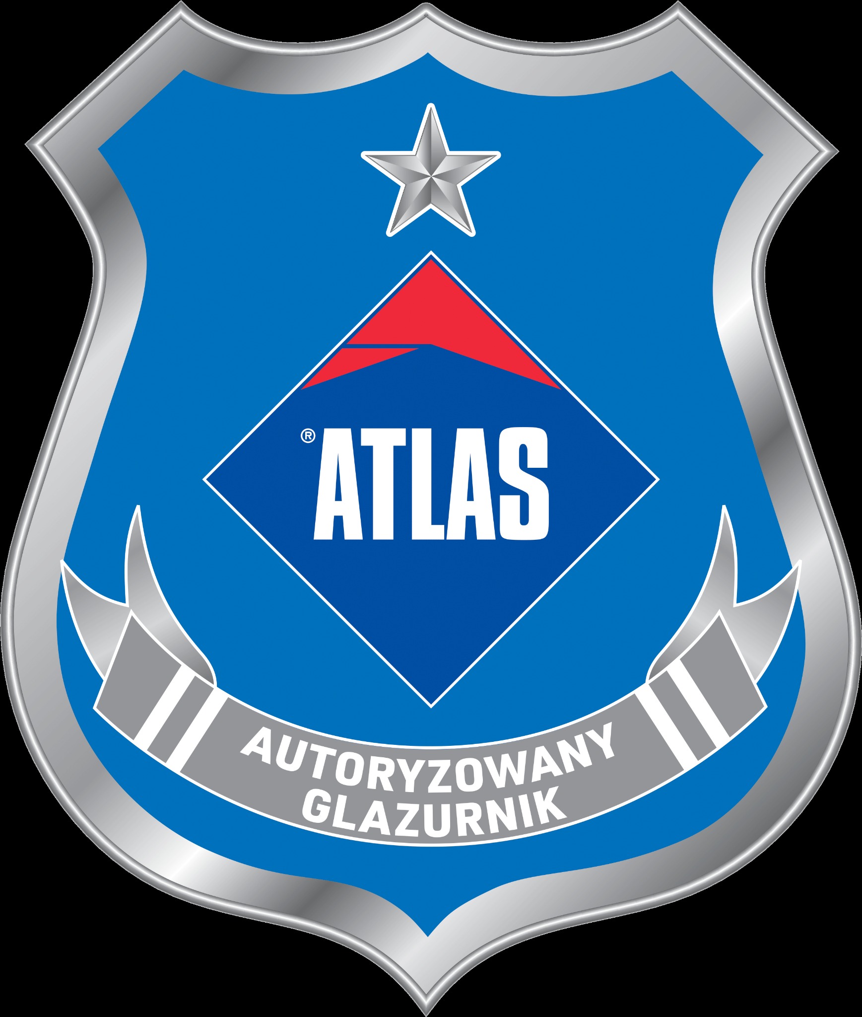 Logo firmy ATLAS, w kształcie tarczy z niebieskim tłem, srebrną obwódką i gwiazdą u góry, zawiera biały napis ATLAS w rombie z czerwoną górną częścią, oraz szary baner z napisem AUTORYZOWANY...